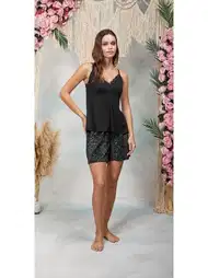 Kadın Dantel Yaka Leopar Desenli Şort T-shirt Pijama Takımı Doreanse 25Y4067